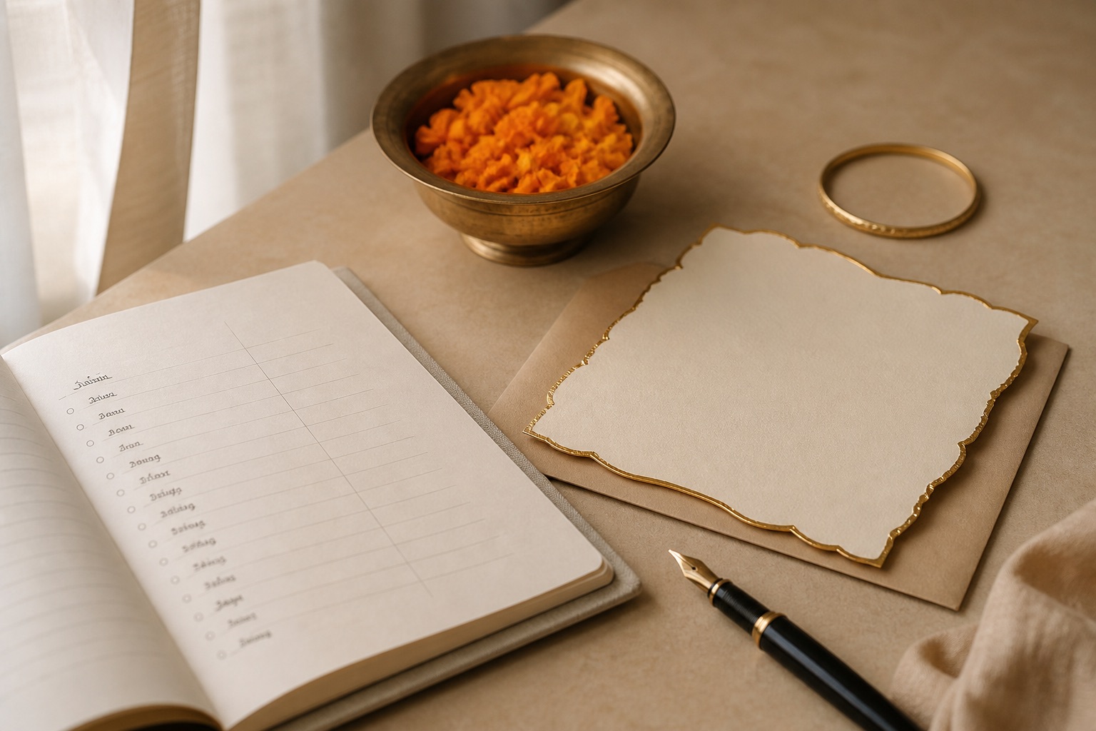 A planning table with a guest list notebook, a cream invitation, marigolds, and a fountain pen